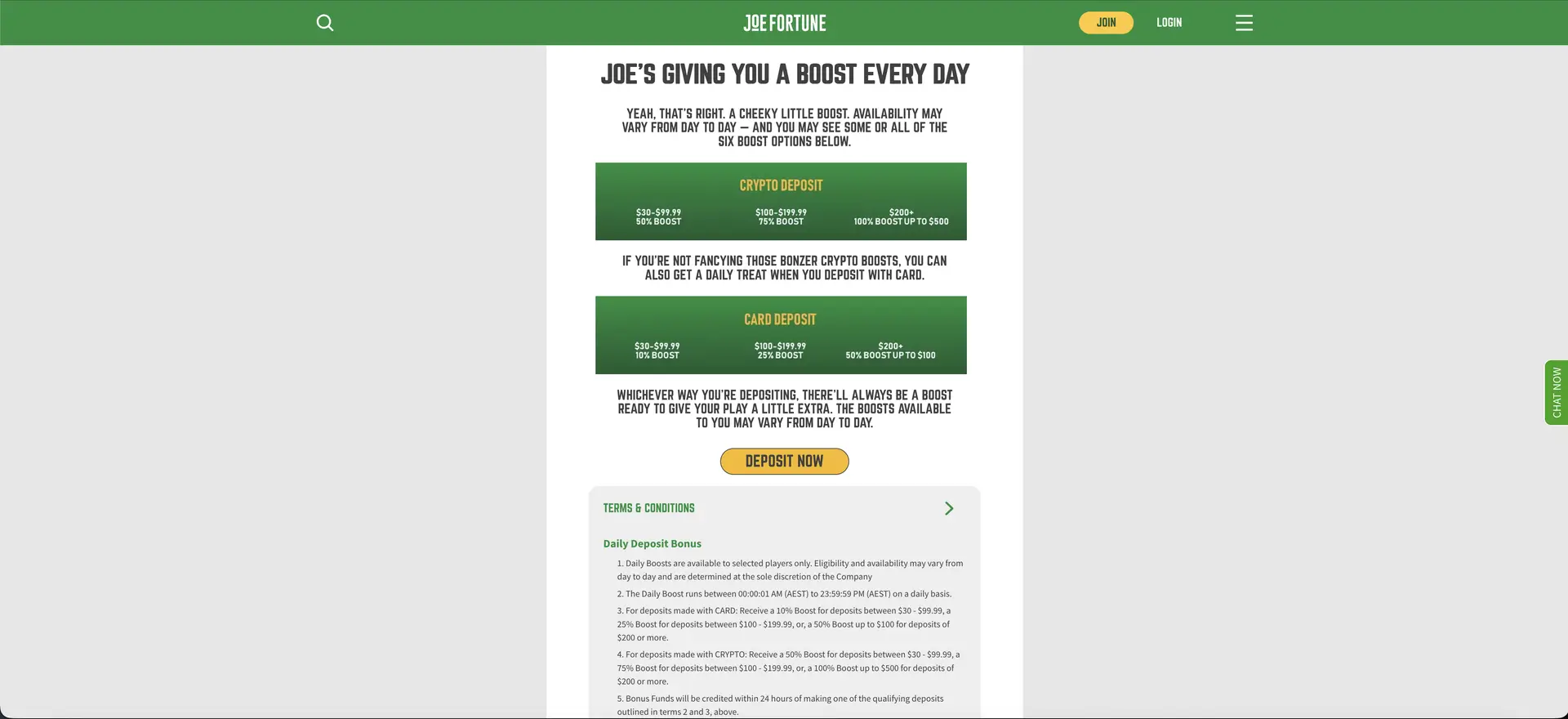 Joe Fortune daily boost bonus