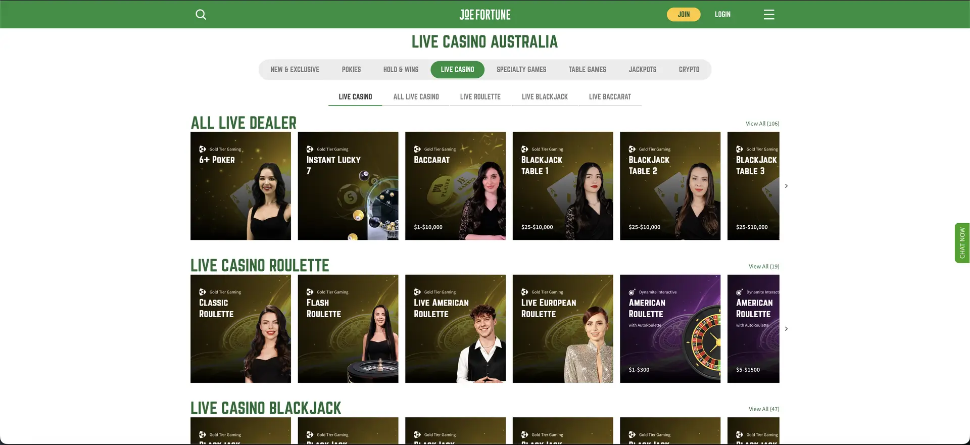 Joe Fortune live casino australia